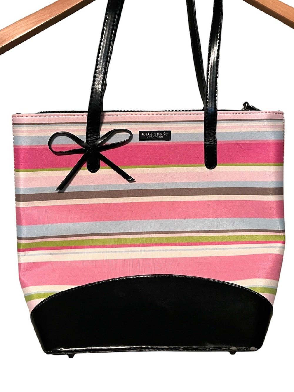 Kate Spade Pink Striped Tote Bag with Black Trim